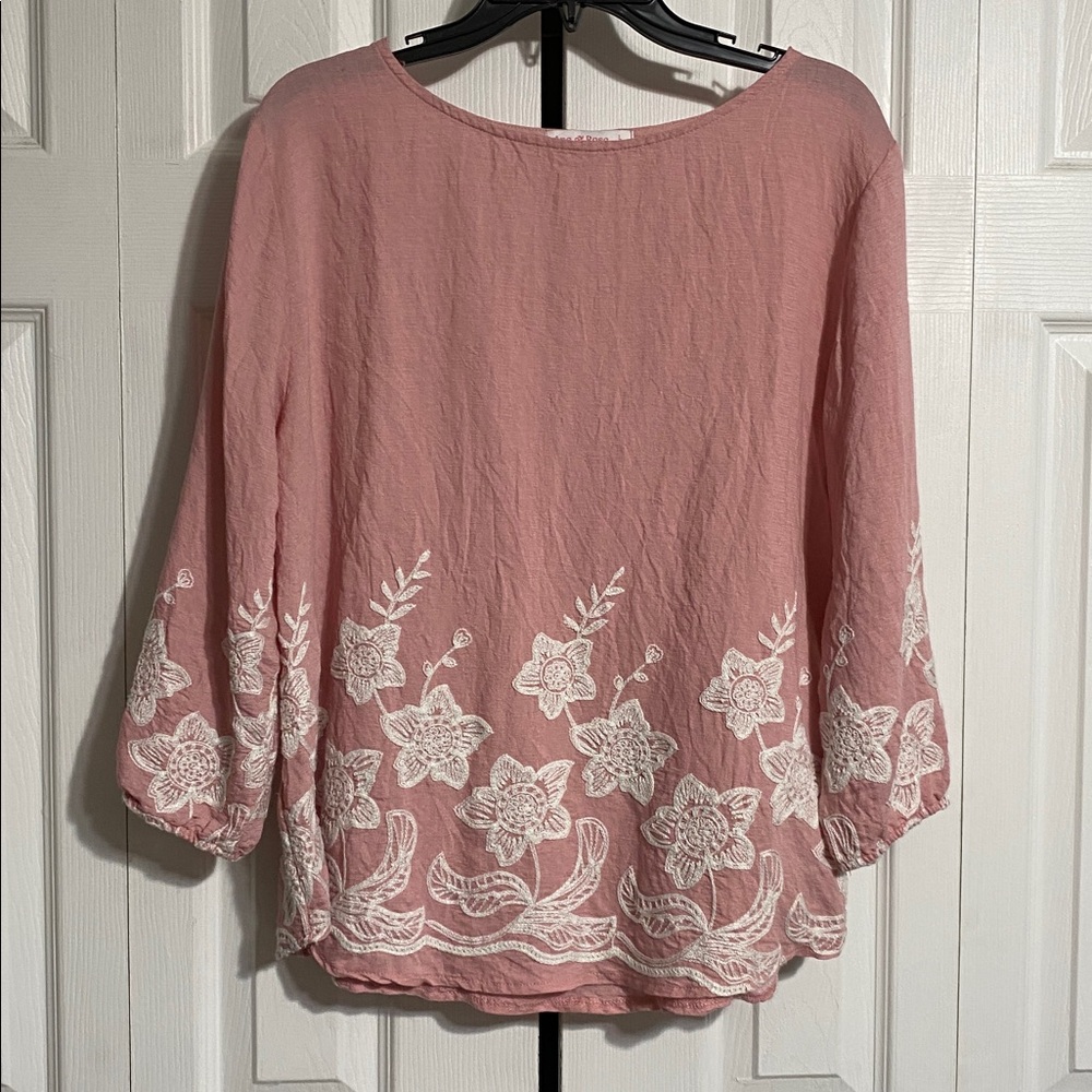 Ana & Rose pink floral embroidered blouse top shirt size LARGE